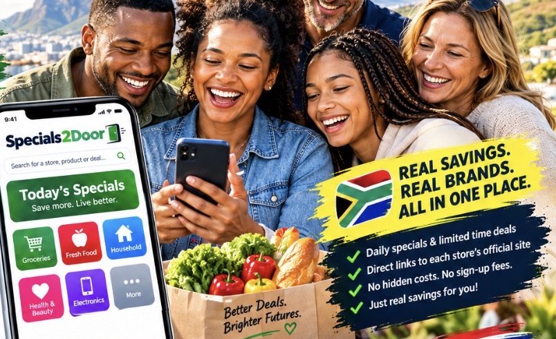 South African family smiling at the Specials2Doors app on a phone, with a bag of groceries